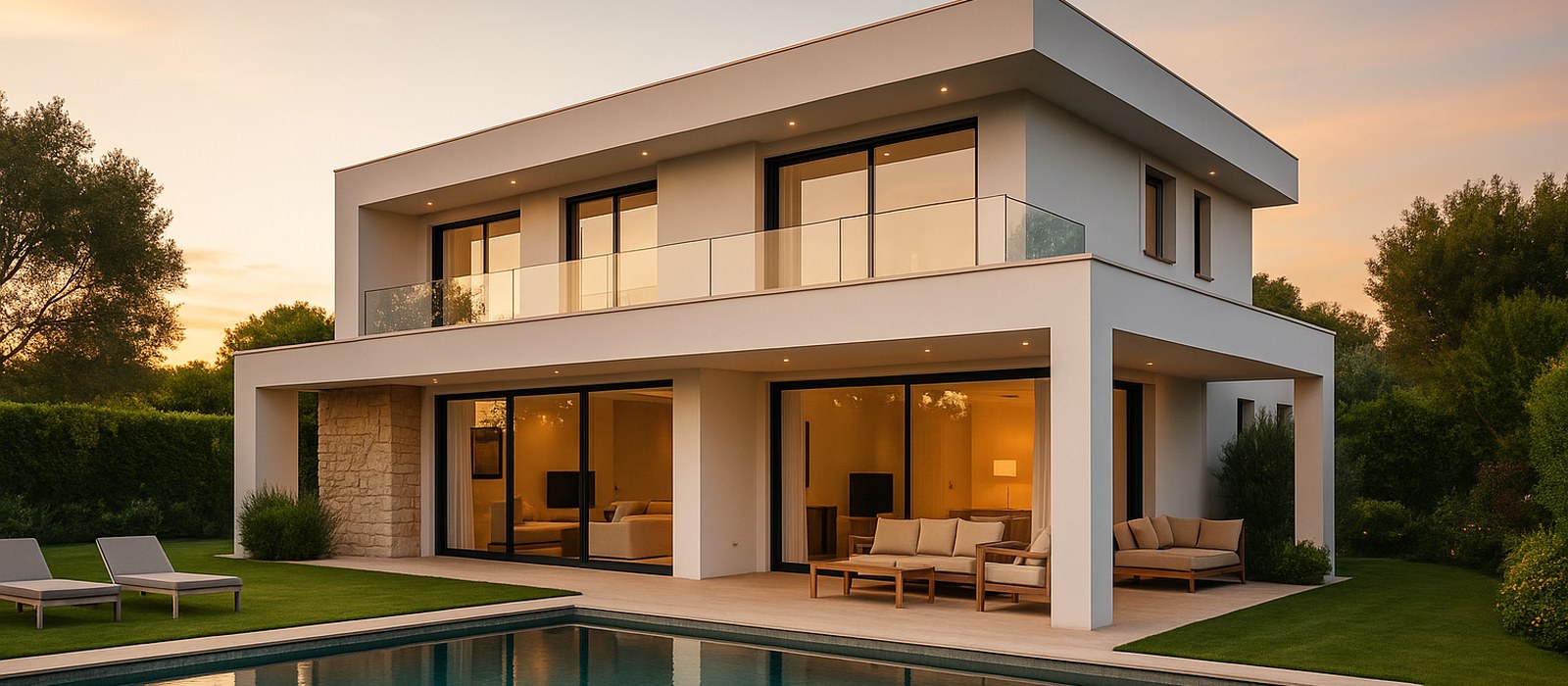 Luxury living room with city-view balcony